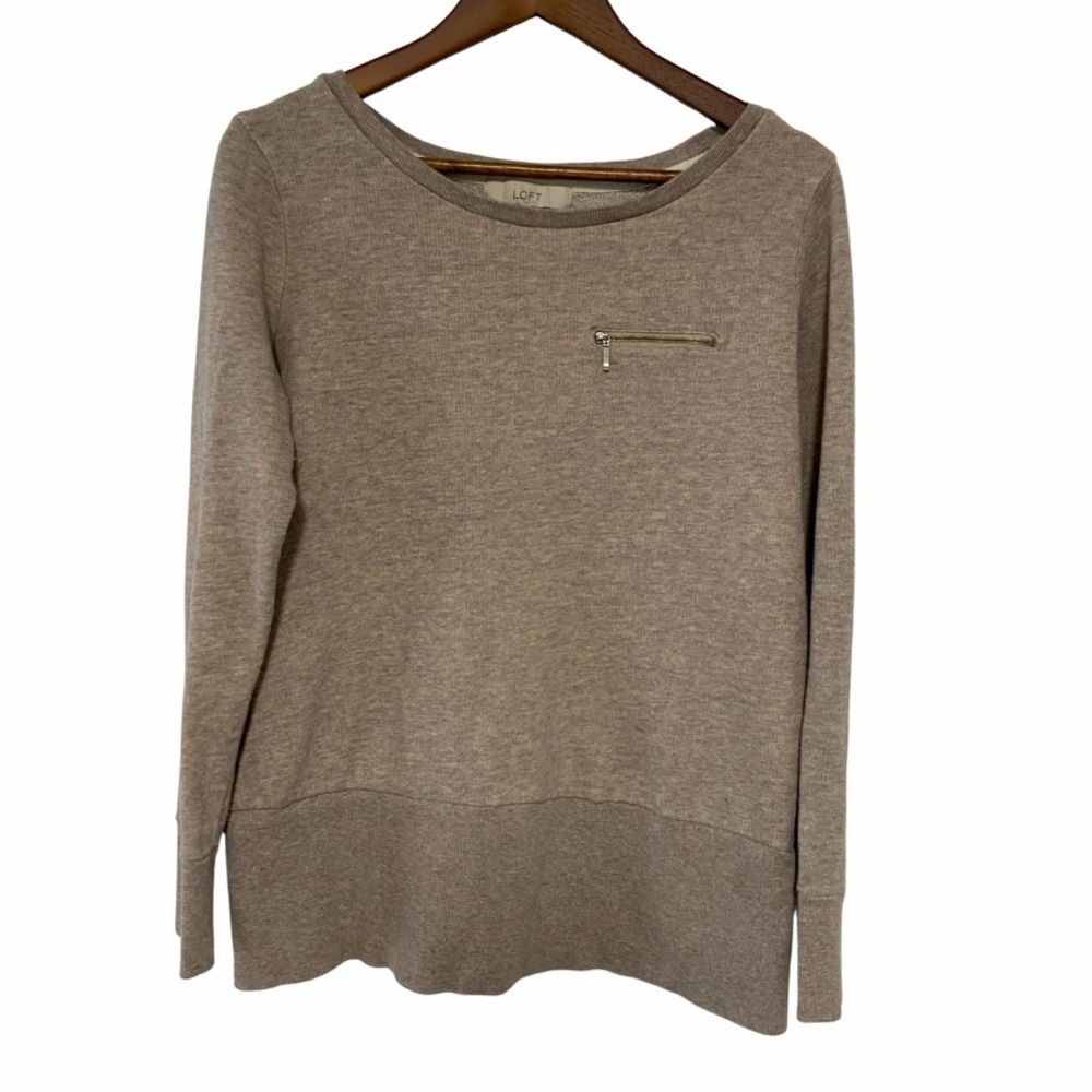LOFT Womens Long Sleeve Sweatshirt Sz L Beige Zipper Pocket Crew‎ Neck Pullover